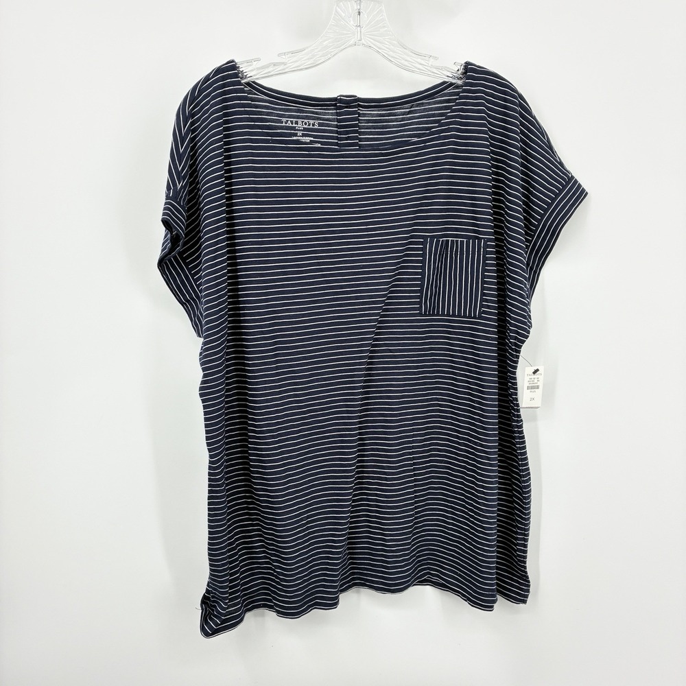 Talbots Plus Women Size 2X Shirt Short Sleeve Tee Top Blue White Stripe Cotton